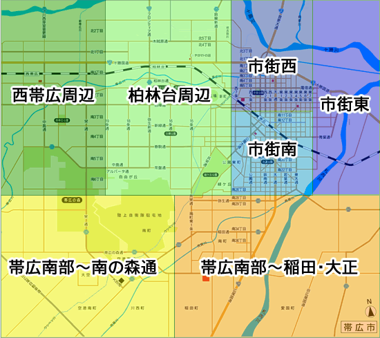 帯広市内地図 アクセスキーに対応しています。1が帯広市街南、2が帯広市外西、3が帯広市外東、4が西帯広周辺、5が柏林台周辺、6が帯広南部～稲田・大正です。